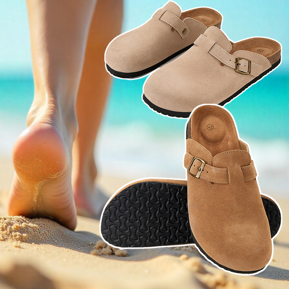 Kork-sandaler med lukket tå og justerbar rem – perfekt til både hverdag og ferier.